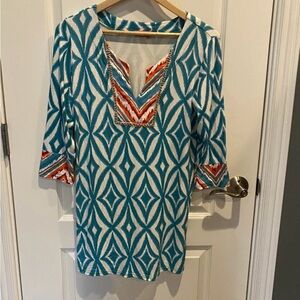Joyous and Free Blue and Red Geometric Women's Tunic/cover up Medium
